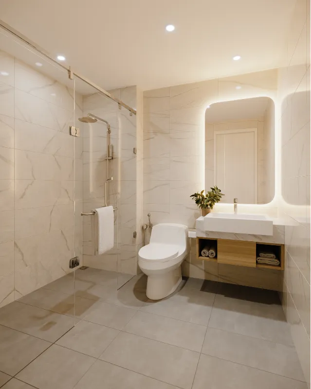 bathroom-2 Modern bathroom with glass shower, toilet, illuminated mirror, sink, and light-colored tile walls and floor.