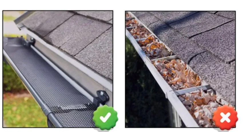 gutters-1 Left: Clean gutter with guard; right: gutter clogged with leaves. Green checkmark left, red X right.