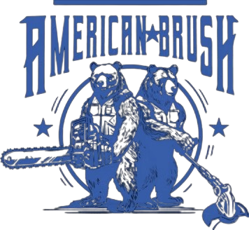 Two bears wearing vests hold a chainsaw and a power brush under the text "American Brush.