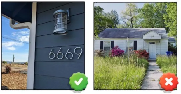 address-1 Side by side: Modern house with visible address and neat yard; older house with overgrown lawn.