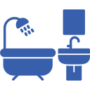 Blue icon of a bathtub with a showerhead and a sink with a mirror, representing a bathroom.
