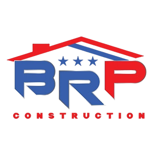 Logo for BRP Construction with stylized blue and red letters, stars, and a roof outline above the text.