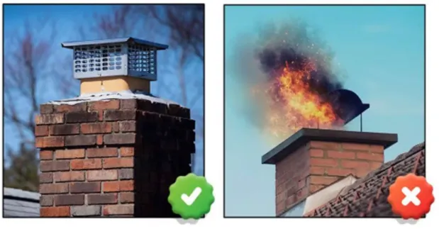 chimney-1 Left: Chimney with a cap, right: chimney on fire. Green check and red X marks identify safe and unsafe options.