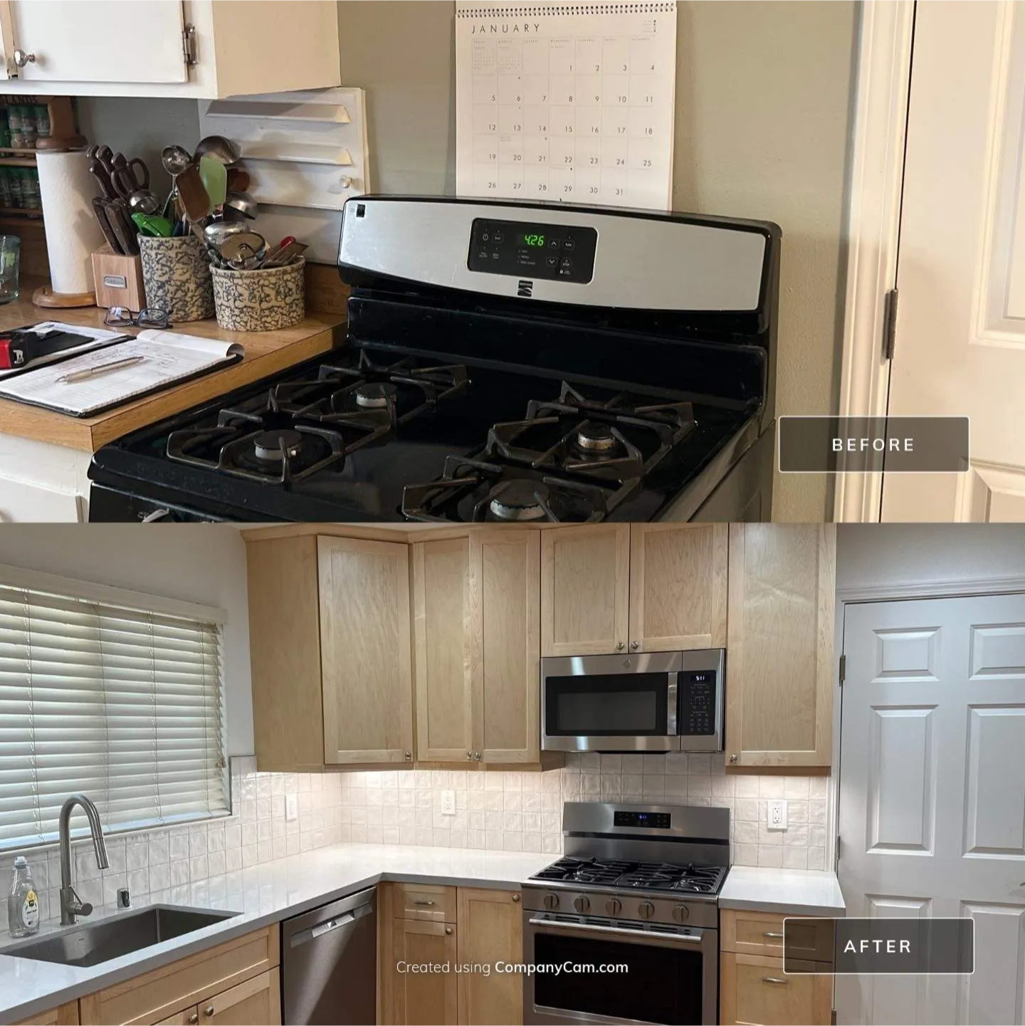 construction-1 Before and after of a renovated kitchen, showing updated cabinets, counters, and appliances.