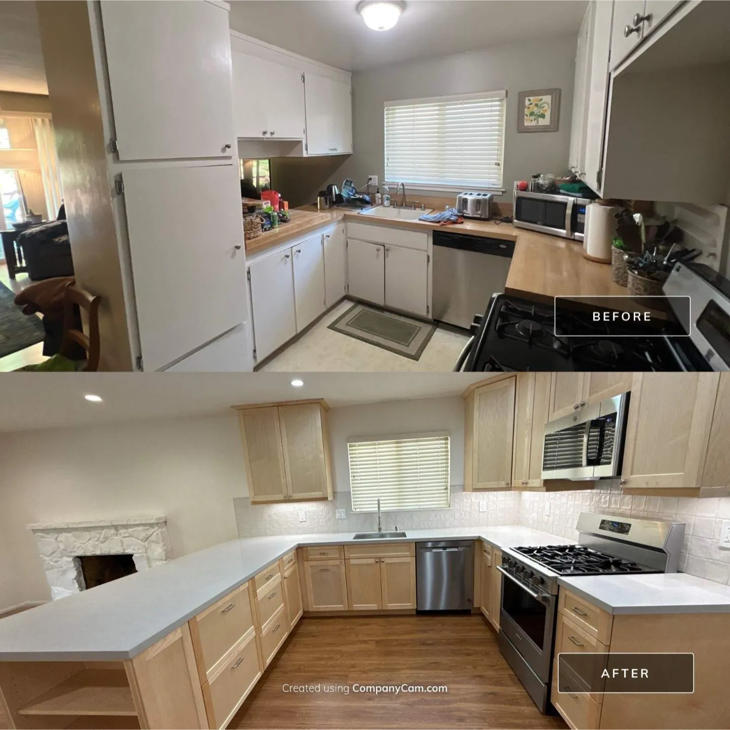 construction-2 Before and after photos of a renovated kitchen with updated cabinets, counters, and appliances.