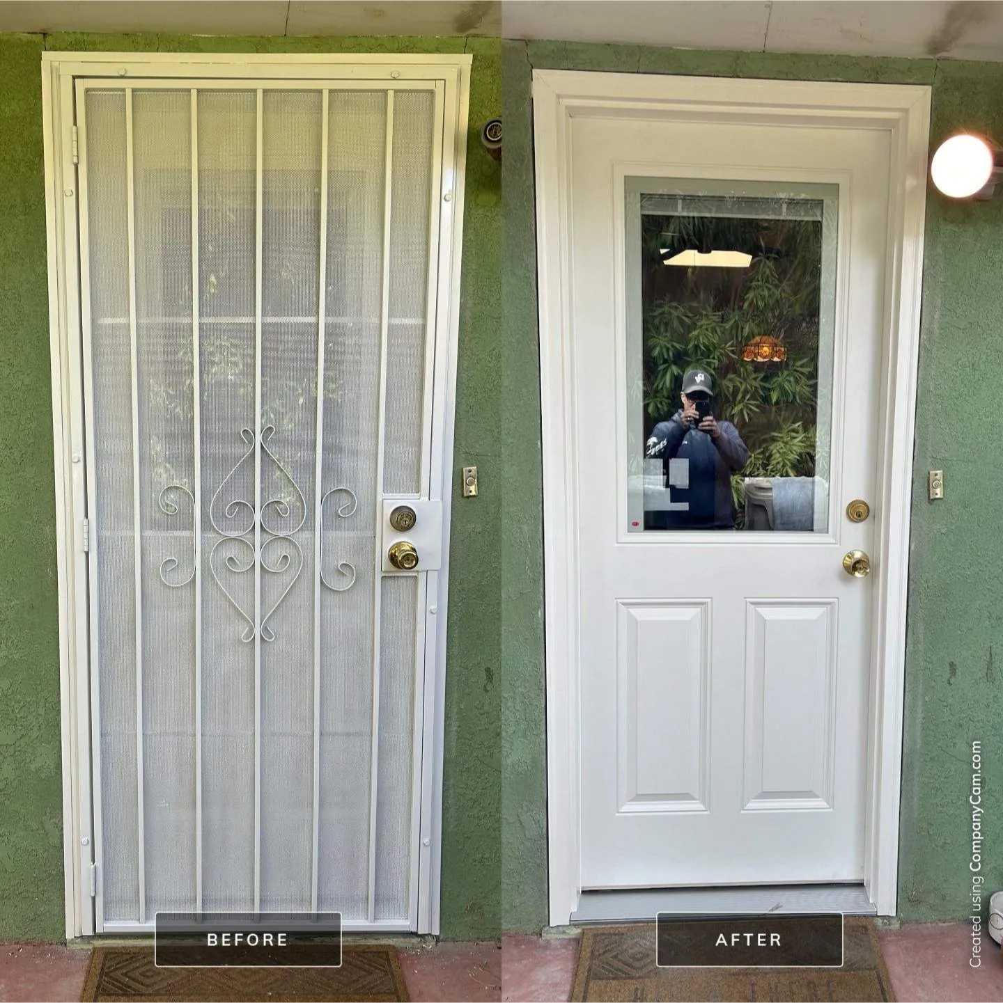 construction-3 Side-by-side of a metal screen door before and a solid white door with a window after.