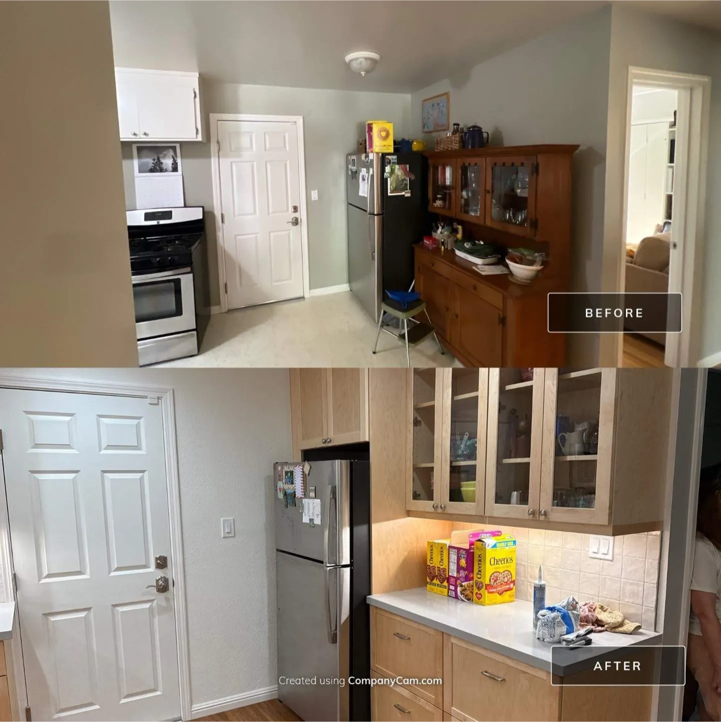 construction-4 Before and after photos of a kitchen remodel with new cabinets, lighting, and countertop.