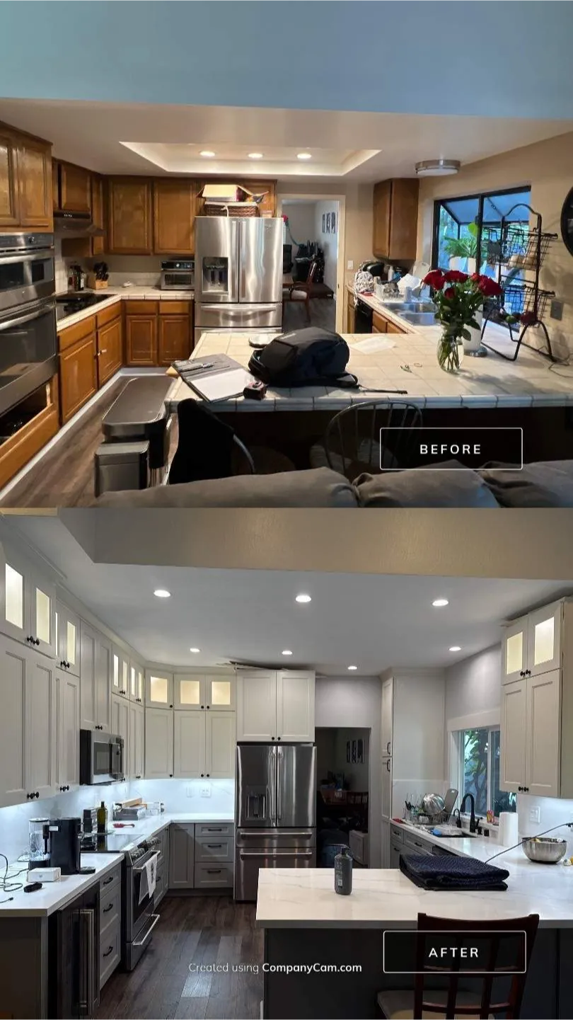 construction-5 Before and after kitchen remodel: dark wood cabinets to bright white modern cabinets with new lighting.