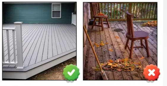 decks-1 Left: clean, gray deck with white railing; right: messy, dirty deck with leaves, chairs, and broom.