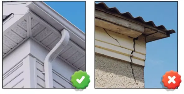 eaves-1 (1) Left: well-maintained roof with gutters; right: damaged roof with large cracks; check and cross marks shown.