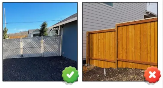 fences-1 Split image: metal chain-link fence with a green check, wood privacy fence with a red X.
