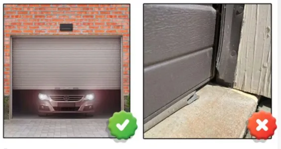 garage-1 Left: Car inside closed garage with green check. Right: Garage door open with red X.