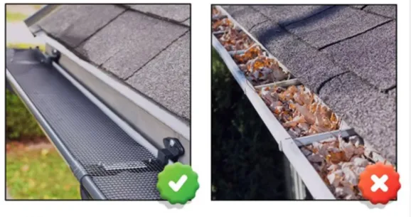 gutters-1 Left: clean gutter with guard; right: clogged gutter with leaves. Green check and red X indicate correct/wrong.