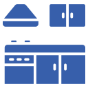 Blue icon of a kitchen with cabinets, a stove, an oven, and a range hood.