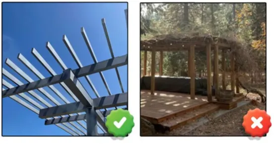 misc-1 Side-by-side pergolas: left is modern with open slats; right is rustic and covered with branches.