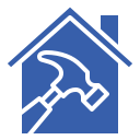 Blue icon of a house with a hammer inside, symbolizing home repair or construction.