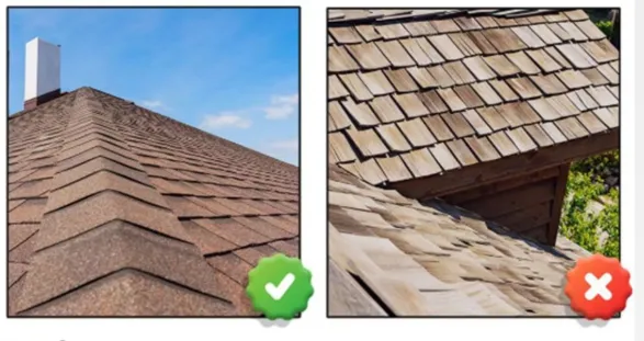roof-1 Comparison of two roofs: left shows asphalt shingles with a checkmark, right shows wood shingles with an X.