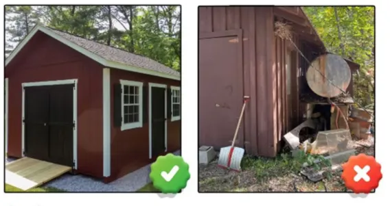 shed-1 Left: clean red shed with white trim; right: messy brown shed with clutter and overgrowth.