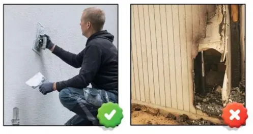 siding-1 Man plastering a wall with a green checkmark; burned, damaged wall with a red X.