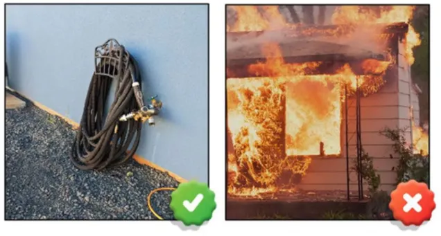 water-1 Left: Hose neatly coiled against a wall. Right: House engulfed in flames, burning rapidly.