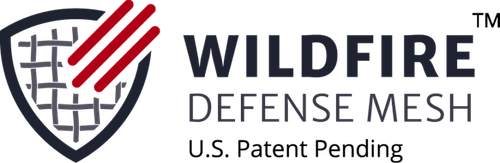 wildfire-defense-mesh Wildfire Defense Mesh logo with shield design and red stripes, text reads “U.S. Patent Pending.”.